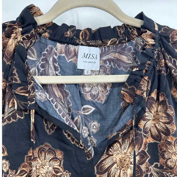 MISA Los Angeles Siena Blouse in Black Brown Floral | Long Puff Sleeve | Size S - Picture 7 of 8